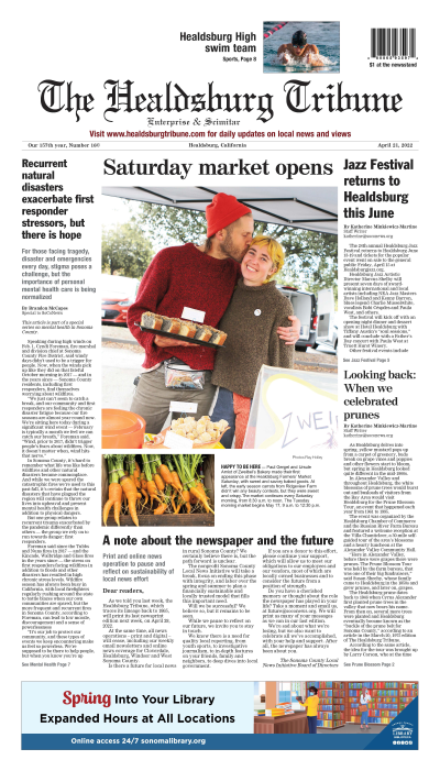Front page of the Healdsburg Tribune