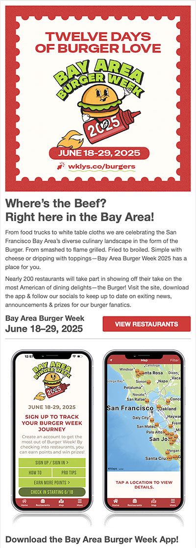 Bay Area Burger Week Bay area burger week is a restaurant event produced by Weeklys